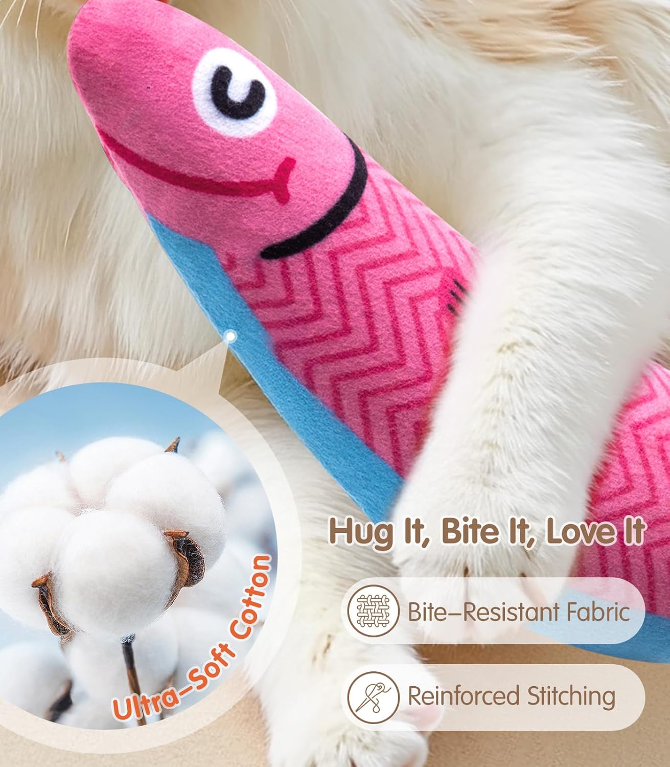 Interactive Cat Toys with[5000mg Premium A+Catnip][Baby Grade] Soft Chew Kicker Cat Toys for Indoor Cats & Kittens, Crinkle &Rattle Fish Sound Toy, Drives Bored Cats Crazy with Fun,3 Pack