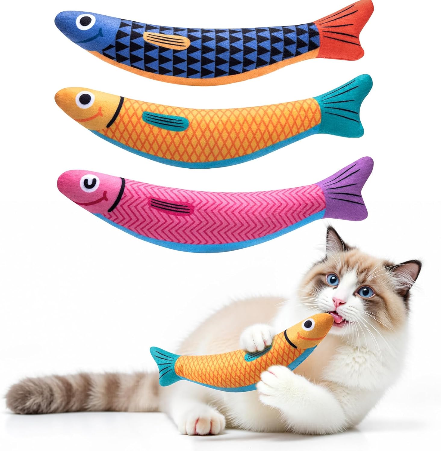 Interactive Cat Toys with[5000mg Premium A+Catnip][Baby Grade] Soft Chew Kicker Cat Toys for Indoor Cats & Kittens, Crinkle &Rattle Fish Sound Toy, Drives Bored Cats Crazy with Fun,3 Pack